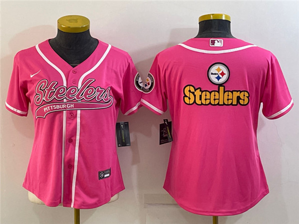 Women's Pittsburgh Steelers Pink Team Big Logo With Patch Cool Base Stitched Baseball Jersey(Run Small)